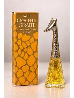 Avon 1970s Graceful Giraffe To A Wild Rose Cologne Figural Bottle With Box, 2x8”